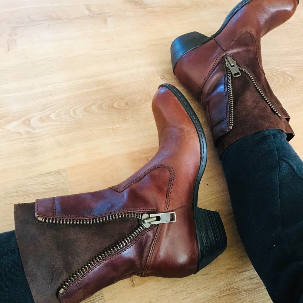 Born Brown Leather Ankle Boots with Suede Panels